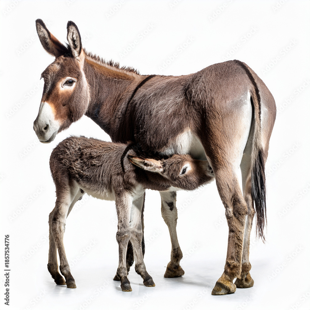 Fototapeta premium donkey, breastfeed, animal, farm, mammal, animals, nature, grass, baby, brown, mule, head, field, livestock, rural, domestic, white, agriculture, fur, burro, wild, young, donkeys, mother, white