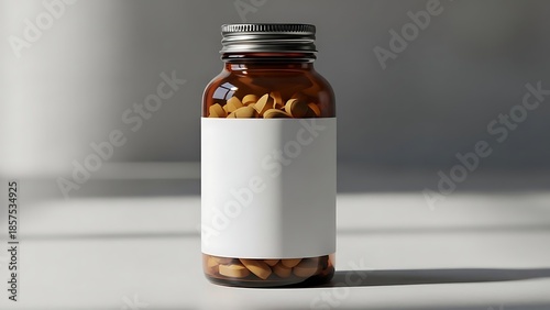 Brown glass bottle with white label and pills inside