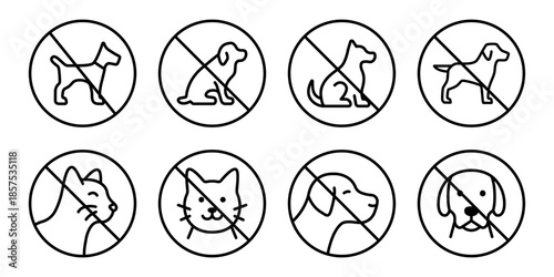 No dogs allowed icons set. Prohibition on dog walking on the territory, editable pictographs. Prohibition of animals, no cats