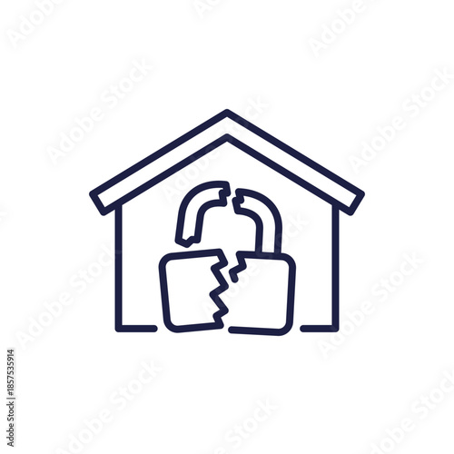 Broken lock line icon with a house