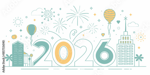 Vibrant cityscape celebrating future year 2026 with fireworks