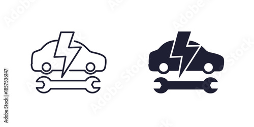 electric car, ev service and repair icon, line and solid design