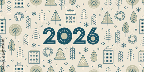 Seamless 2026 pattern background, clean flat vector style, modern minimal look, repeating festive elements, subtle New Year theme