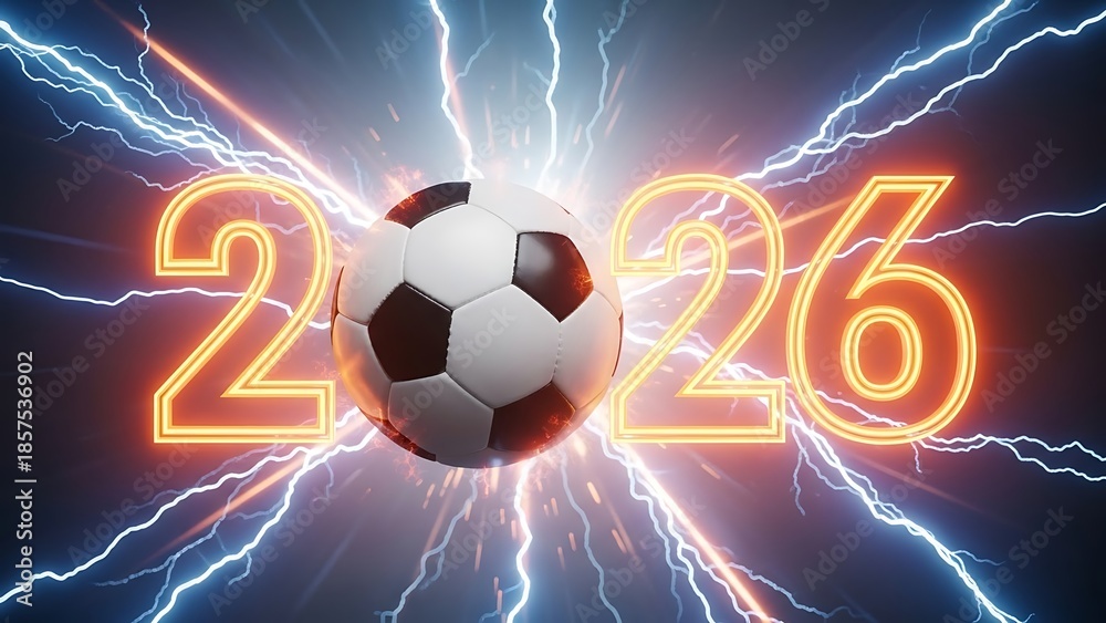 Fototapeta premium Soccer ball with 2026 numbers and lightning strikes