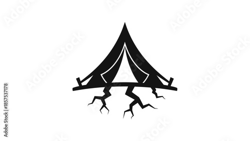 Abstract Silhouette of a Tent with Cracked Ground.
