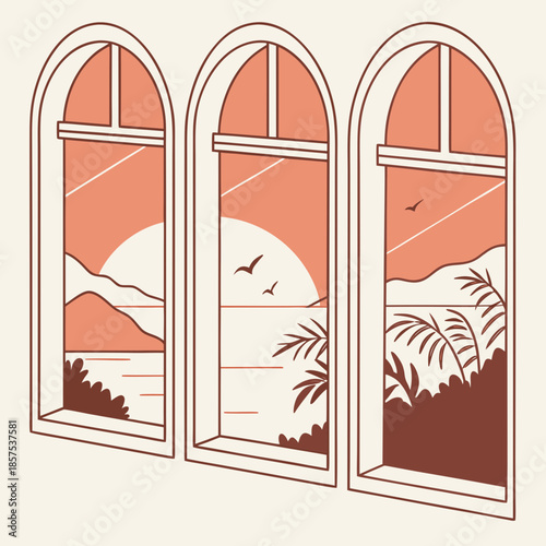 three arched windows frame a serene landscape featuring mountains birds in flight and a calming sunset vista