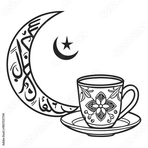 a delicate black and white illustration featuring a crescent moon star and a beautifully patterned teacup with saucer