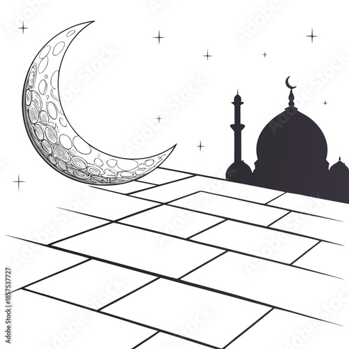 a detailed illustration showcasing a crescent moon a mosque silhouette and a tiled platform creating a serene islamic atmosphere