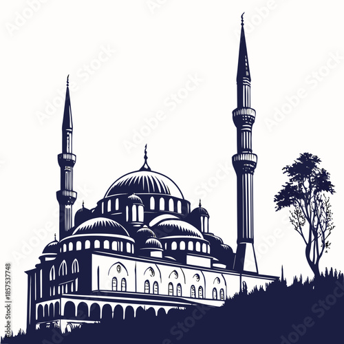 An intricate illustration showcases a majestic mosque with towering minarets a central dome and detailed architectural elements in a monochrome style