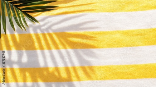 Yellow and white striped beach towel with palm leaf shadows Summer wallpaper.