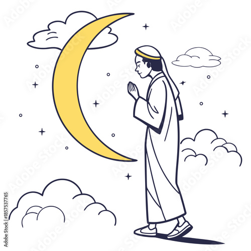 a serene illustration depicts a man in traditional muslim attire praying under the glow of a crescent moon and starry night