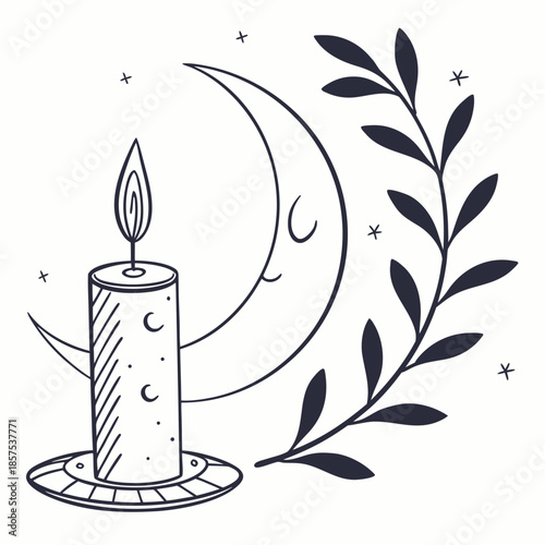 A delicate illustration featuring a lit candle crescent moon botanical branch and scattered stars showcasing a mystical and serene atmosphere