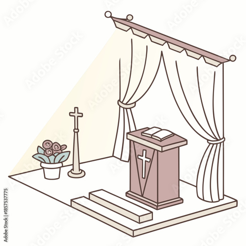 a simple illustration of a church stage setup with a cross podium flowers and draped curtains high quality