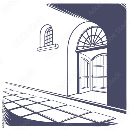 An illustrative depiction of an open doorway framed by an arched corridor and tiled flooring creates a sense of depth