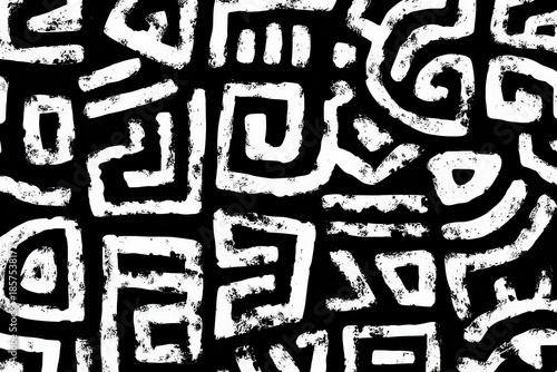 High Contrast Black and White Abstract Background with Geometric and Curvilinear Shapes Pattern Grunge Style Design for Textiles Wallpapers and Creative Projects