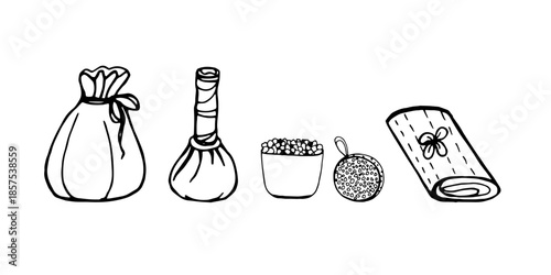 Set of black and white doodle illustrations of spa items on a white background. A hand-drawn spa body care product. A hand-drawn towel and soap.