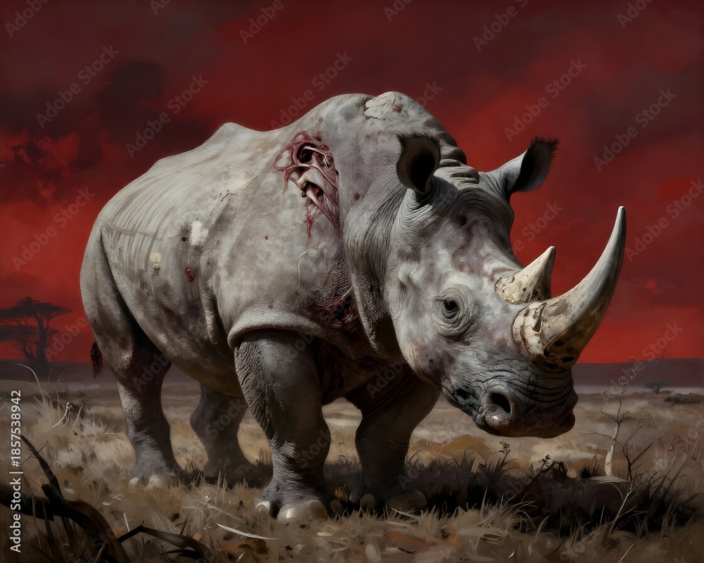 Obraz premium a wounded white rhinoceros in the savannah