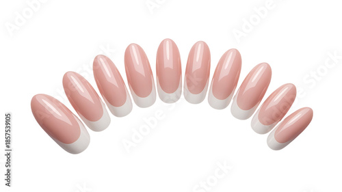 A fanned out group of elegant pink nude artificial nails with classic white french manicure tips, isolated on transparent background