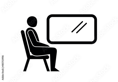 A simple black silhouette depicts a person seated in a chair facing a rectangular screen