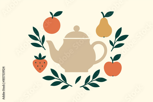 Teapot Illustration with Fruits and Leaves on Light Background