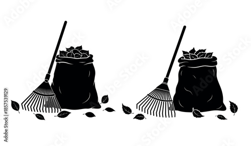 A simple black and white illustration depicts two brooms leaning against filled leaf bags high-quality