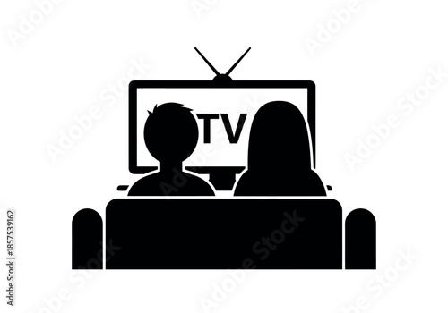 A simple black and white illustration depicts two people watching television on a couch high-quality
