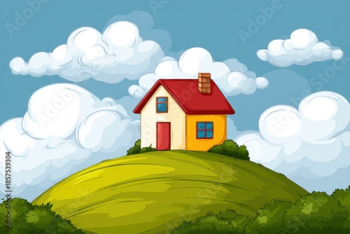 Pixelated Cottage on Green Hill with Red Roof and Cloudy Sky in Vector Illustration