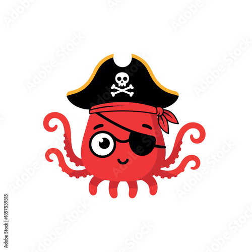 Red Octopus Cartoon Character Wearing Pirate Hat.