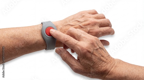 Close up of senior person's hands wearing a medical alert bracelet with red button on white background