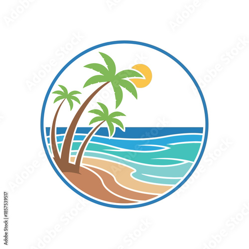 Beach Scene with Palm Trees and Sun.
