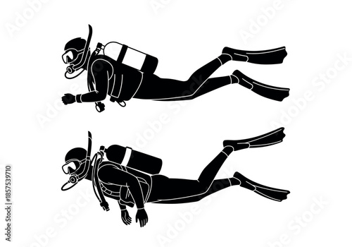 A black and white illustration depicts a scuba diver in two different swimming positions high-quality