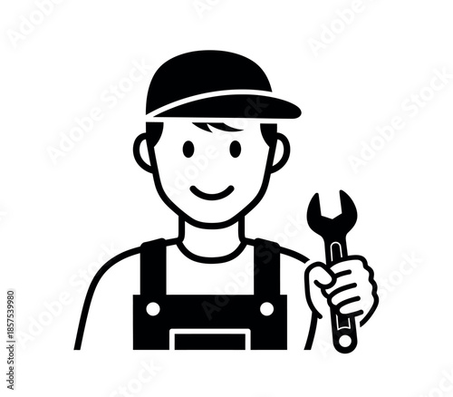 A simple black and white illustration depicts a mechanic holding a wrench with a cap