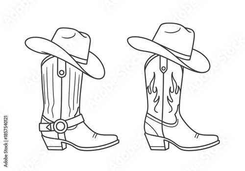 A simple black and white illustration depicts a pair of cowboy boots with hats above