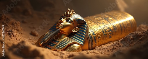 Golden pharaoh sarcophagus unearthed from desert sand. Richly decorated coffin with blue hieroglyphs, symbol of ancient Egyptian royalty and afterlife beliefs. Archaeological treasure found in tomb.