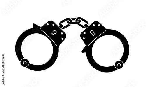 A stark black and white illustration depicts a pair of metal handcuffs symbolizing law enforcement