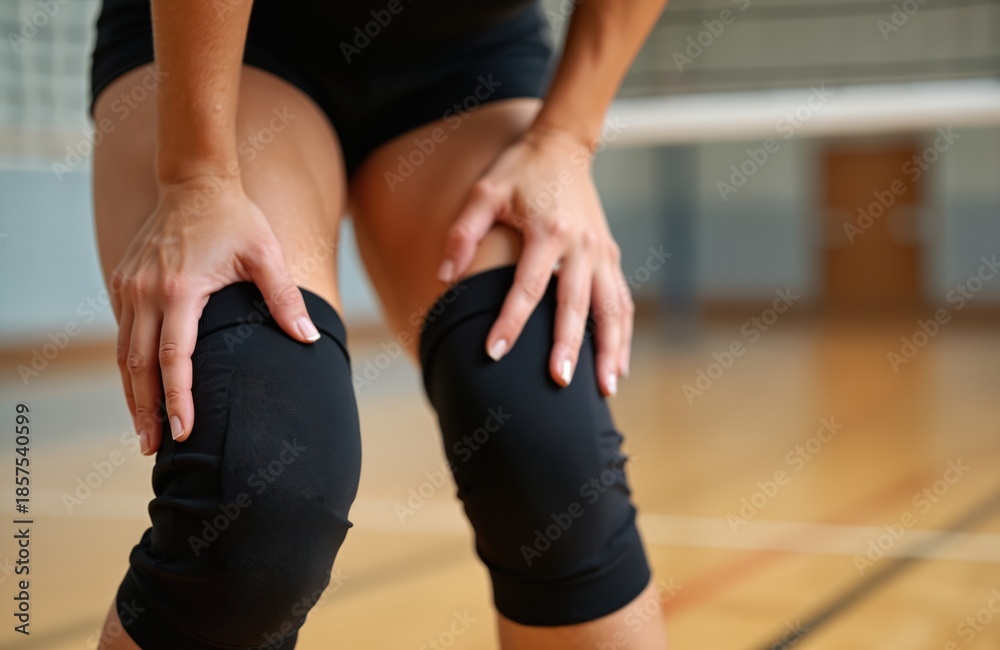 Naklejka premium Woman volleyball player wears knee pads. Female athlete holds aching knee after game. Sports injury recovery, pain relief, physical therapy.