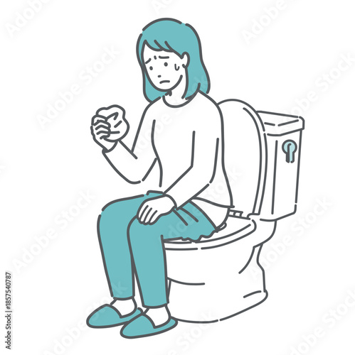 トイレで紙を見て生理やおりもの、血便を確認する女性のイラスト（不正出血・不安）