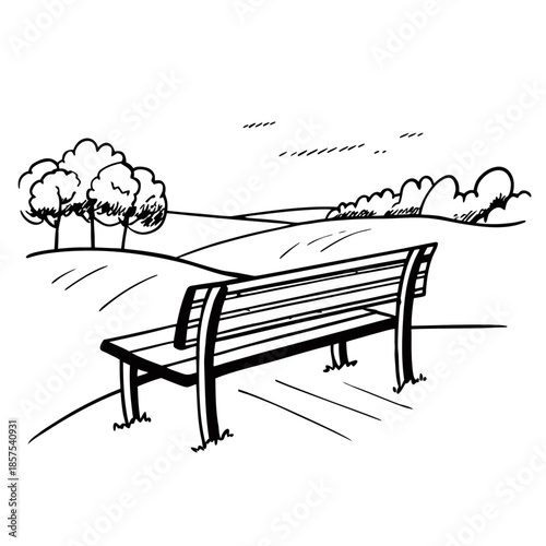Solitude in nature: an empty wooden bench in a park, a black and white sketch for meditative illustrations or book covers [with a space to copy]