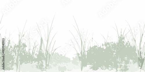 Delicate blades of grass and subtle foliage in a muted watercolor style