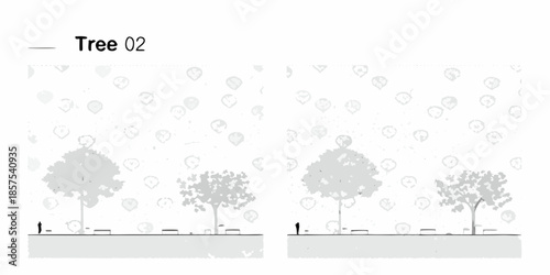 Minimalist landscape with stylized trees and a scattering of circular shapes