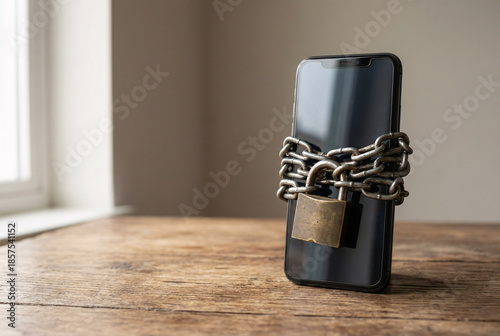 Smartphone wrapped in heavy metal chain with padlock on wooden table, concept of digital detox and phone addiction.