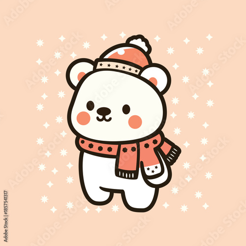 Cute Polar Bear in Winter Hat and Scarf Vector, Kawaii Cartoon Christmas Bear, Cozy Winter Character