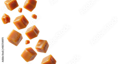 Golden-brown, shiny, translucent caramel pieces falling gracefully, suspended in mid-air with glossy surfaces, on a transparent studio background, soft lighting. Premium confectionery concept