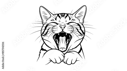 Cute tabby cat yawning with open mouth and paws