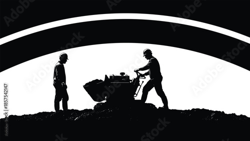 Silhouette of construction workers operating machinery under arch, black and white vector illustration for road work, engineering, and industrial labor