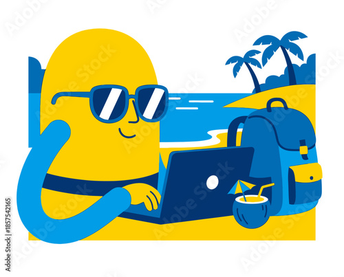 A trendy corporate character working on a laptop at the beach with a backpack nearby in a flat design illustration