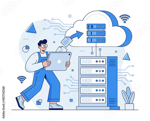Corporate IT professional uploading data to cloud storage server with wireless connection, isometric vector illustration, flat design style