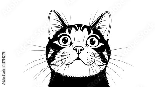 Cute black and white domestic cat looking up with wide eyes
