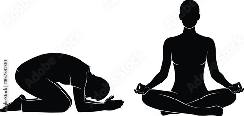 Silhouette set of person praying on knees and sitting in lotus yoga meditation pose, vector illustration for spirituality and wellness