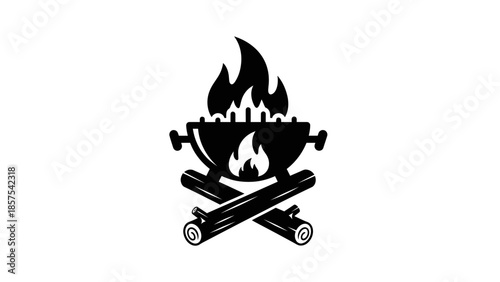 Barbecue Grill with Flames and Wood Logs Icon.